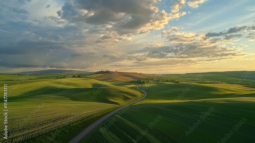 Rural Landscape with Green Fields, Road, and Blue Sky Rural Landscape with Green Fields, Road, and Blue Sky