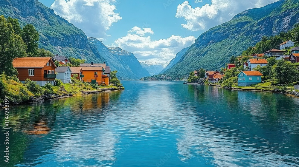 Fototapeta premium Scenic fjord village with colorful houses, reflecting in calm water, surrounded by lush green mountains under a bright summer sky.