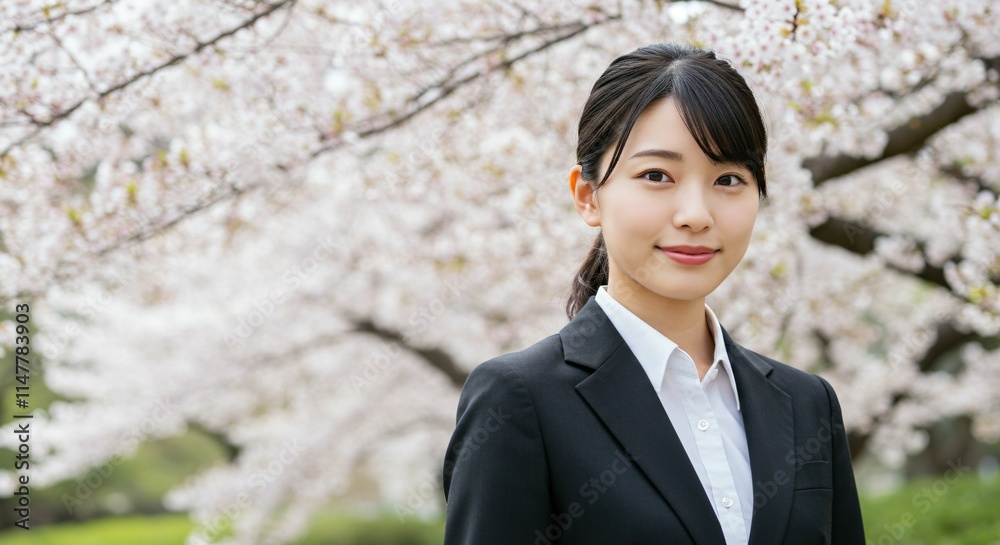Fresh Graduate Japanese Woman with Ponytail Smiling Amidst Cherry Blossoms: A Symbol of New Beginnings and Spring Fresh Graduate Japanese Woman with Ponytail Smiling Amidst Cherry Blossoms: A Symbol of New Beginnings and Spring