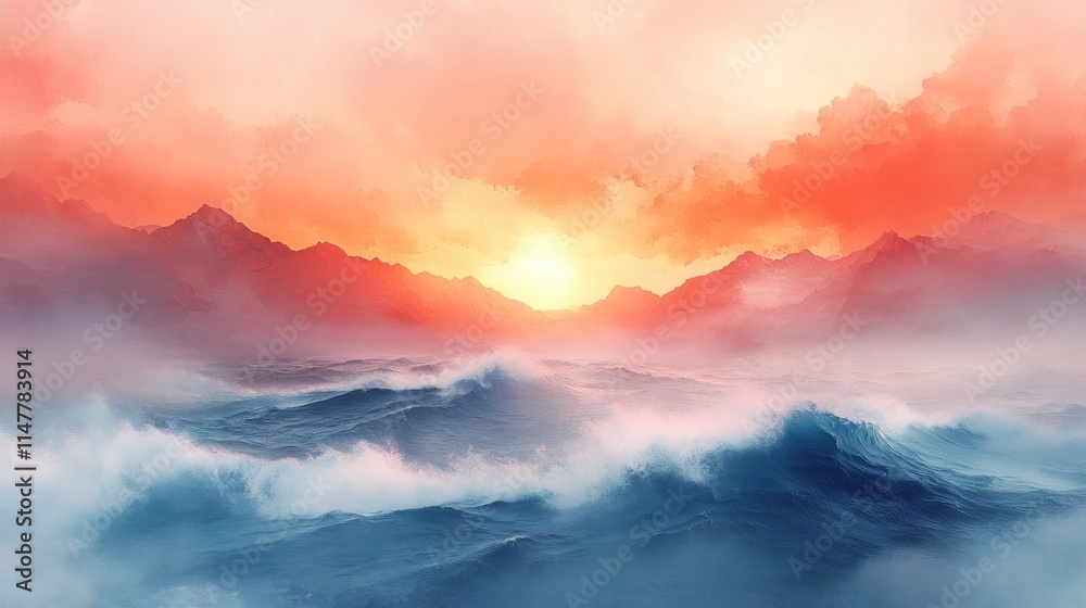 Fototapeta premium Sunset, mountains, ocean waves, hazy, serene.