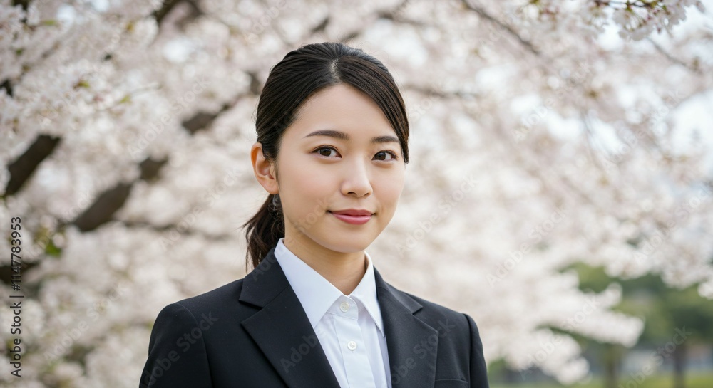 Fresh Graduate Japanese Woman with Ponytail Smiling Amidst Cherry Blossoms: A Symbol of New Beginnings and Spring Fresh Graduate Japanese Woman with Ponytail Smiling Amidst Cherry Blossoms: A Symbol of New Beginnings and Spring