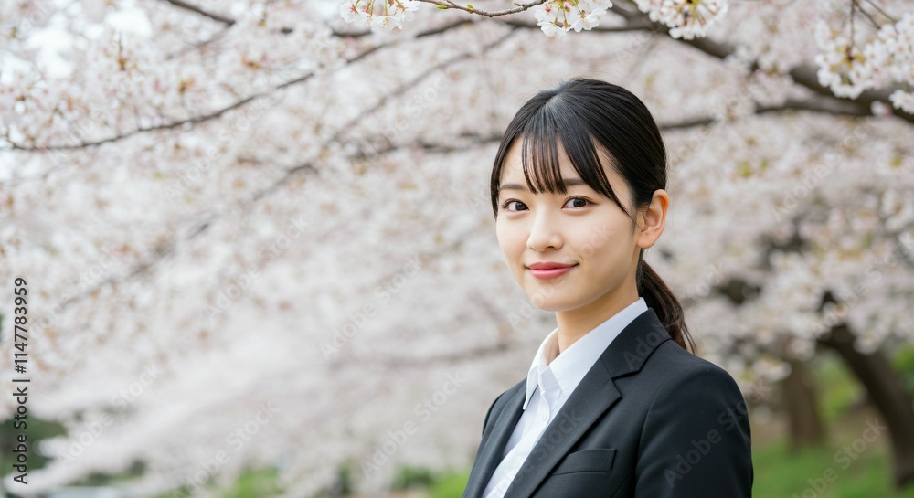 Fresh Graduate Japanese Woman with Ponytail Smiling Amidst Cherry Blossoms: A Symbol of New Beginnings and Spring Fresh Graduate Japanese Woman with Ponytail Smiling Amidst Cherry Blossoms: A Symbol of New Beginnings and Spring