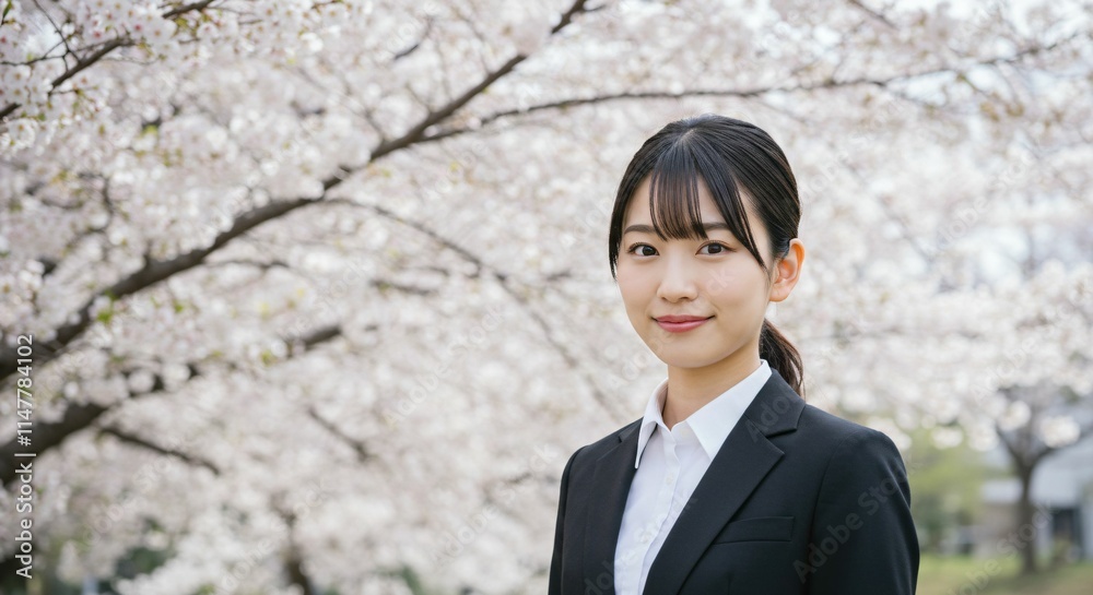 Fresh Graduate Japanese Woman with Ponytail Smiling Amidst Cherry Blossoms: A Symbol of New Beginnings and Spring Fresh Graduate Japanese Woman with Ponytail Smiling Amidst Cherry Blossoms: A Symbol of New Beginnings and Spring