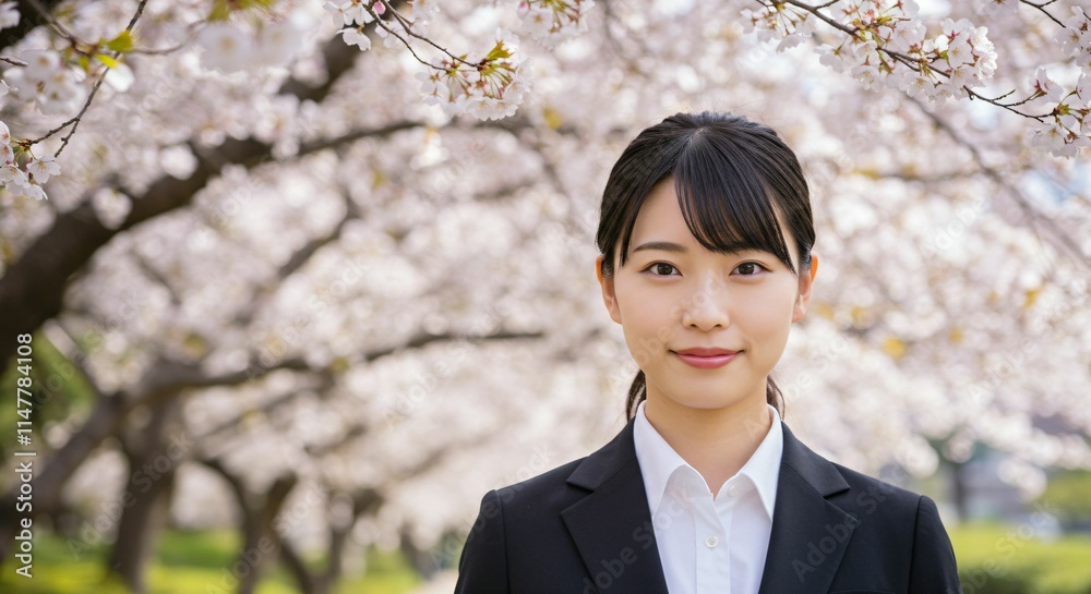Fresh Graduate Japanese Woman with Ponytail Smiling Amidst Cherry Blossoms: A Symbol of New Beginnings and Spring Fresh Graduate Japanese Woman with Ponytail Smiling Amidst Cherry Blossoms: A Symbol of New Beginnings and Spring