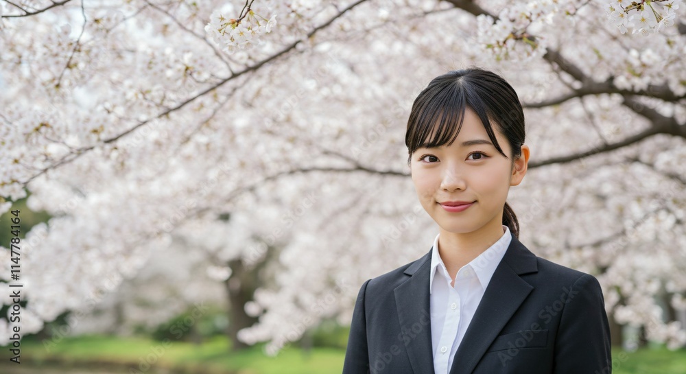 Fresh Graduate Japanese Woman with Ponytail Smiling Amidst Cherry Blossoms: A Symbol of New Beginnings and Spring Fresh Graduate Japanese Woman with Ponytail Smiling Amidst Cherry Blossoms: A Symbol of New Beginnings and Spring