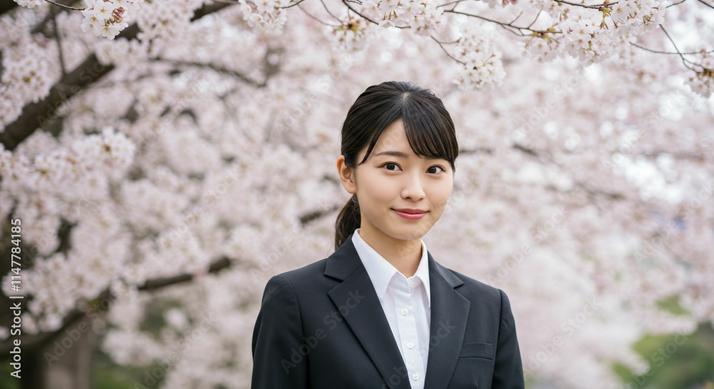 Fresh Graduate Japanese Woman with Ponytail Smiling Amidst Cherry Blossoms: A Symbol of New Beginnings and Spring Fresh Graduate Japanese Woman with Ponytail Smiling Amidst Cherry Blossoms: A Symbol of New Beginnings and Spring