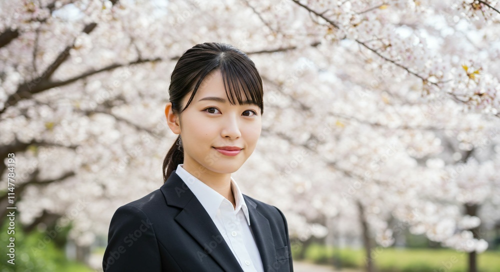 Fresh Graduate Japanese Woman with Ponytail Smiling Amidst Cherry Blossoms: A Symbol of New Beginnings and Spring Fresh Graduate Japanese Woman with Ponytail Smiling Amidst Cherry Blossoms: A Symbol of New Beginnings and Spring