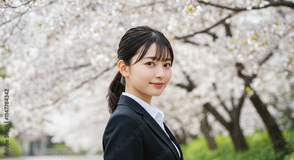 Professional Japanese Woman with Ponytail Smiling Under Cherry Blossoms: A Bright Future Awaits in Her New Career Journey Professional Japanese Woman with Ponytail Smiling Under Cherry Blossoms: A Bright Future Awaits in Her New Career Journey