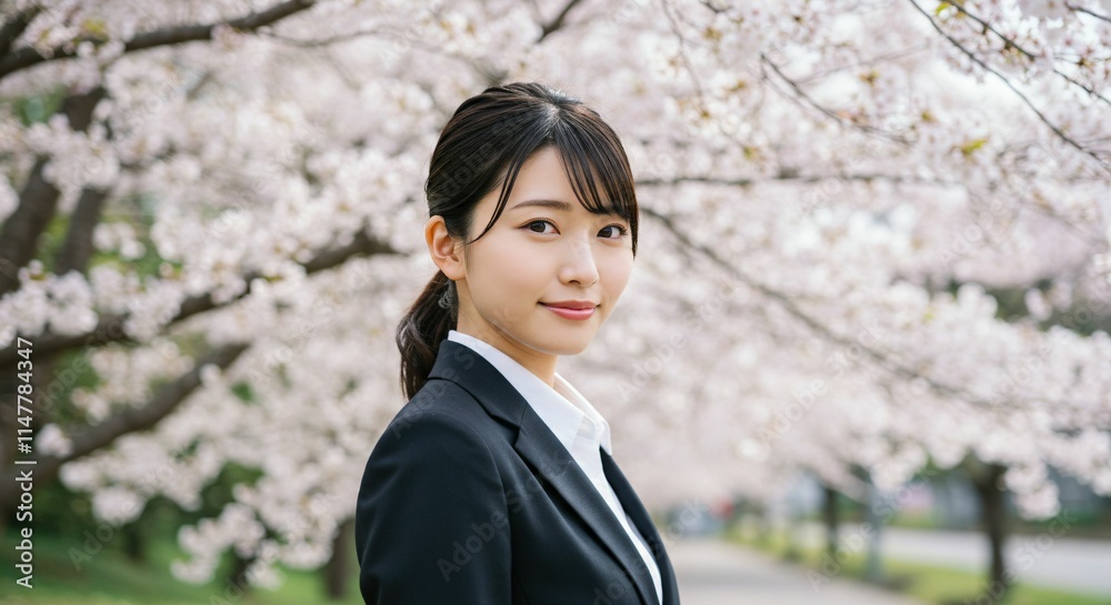 Professional Japanese Woman with Ponytail Smiling Under Cherry Blossoms: A Bright Future Awaits in Her New Career Journey Professional Japanese Woman with Ponytail Smiling Under Cherry Blossoms: A Bright Future Awaits in Her New Career Journey