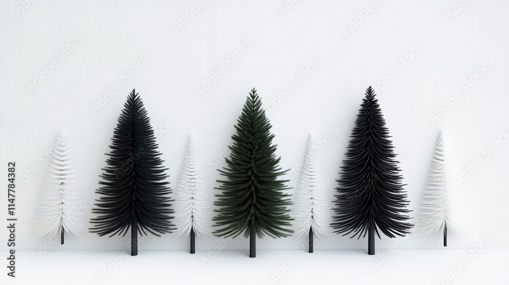 Fototapeta premium 3D render of simple textured black, white, and green pine trees on a light background