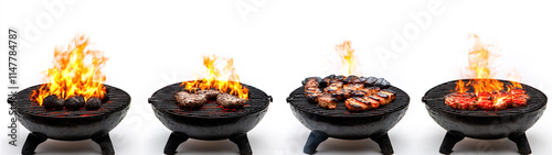 Round barbecue grill with fire, captured from different angles against a clean white background, showing off its design and fiery cooking action. photo