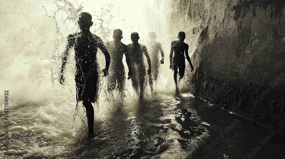 Fototapeta premium Silhouetted children run from a waterfall.