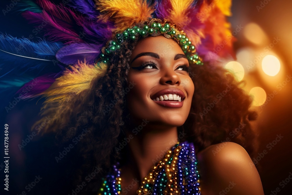 A joyful carnival reveler adorned with a vibrant feathered headdress and colorful beads, smiling radiantly under festive lights, capturing the essence of celebration A joyful carnival reveler adorned with a vibrant feathered headdress and colorful beads, smiling radiantly under festive lights, capturing the essence of celebration