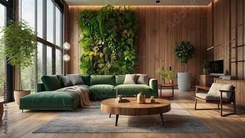 Modern living room with biophilic design, green plant wall, wood finishes, natural sunlight, and cozy furniture, ultra-detailed 3D render.