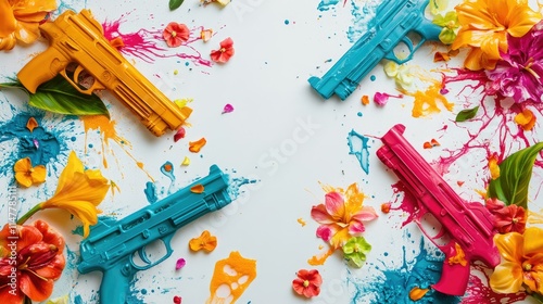 Modern Songkran festival poster with water pistols, flower garlands, and vibrant splashes arranged on a clean white canvas photo