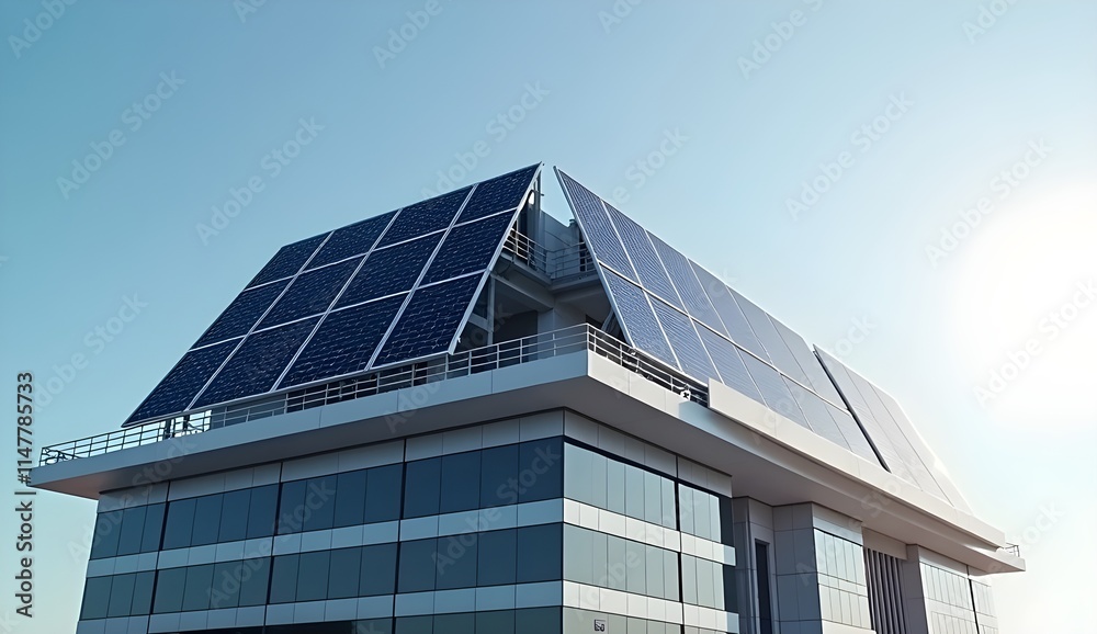Fototapeta premium A modern building with a rooftop covered in solar panels.