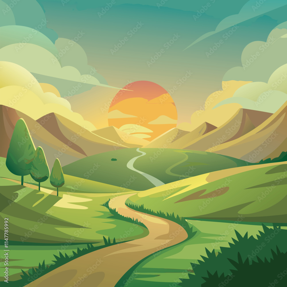 Fototapeta premium Mountainous landscape with winding road and sunset