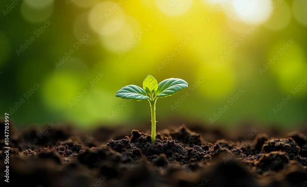 A young plant sprouting out of the ground with the sun shining on it A young plant sprouting out of the ground with the sun shining on it