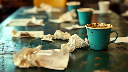 Discarding waste paper and coffee cups urban setting interior still life messy environment close-up view lifestyle concept photo