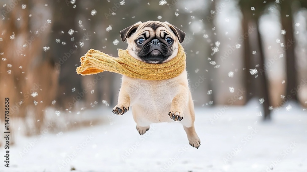 A pug puppy wearing an amber scarf jumping in the air, with a snowy forest background A pug puppy wearing an amber scarf jumping in the air, with a snowy forest background