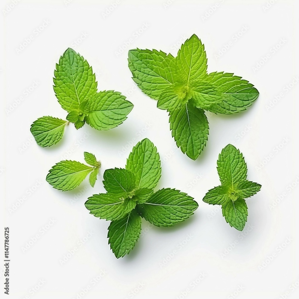 Mint Leaves, Isolated white background, flat lay Mint Leaves, Isolated white background, flat lay