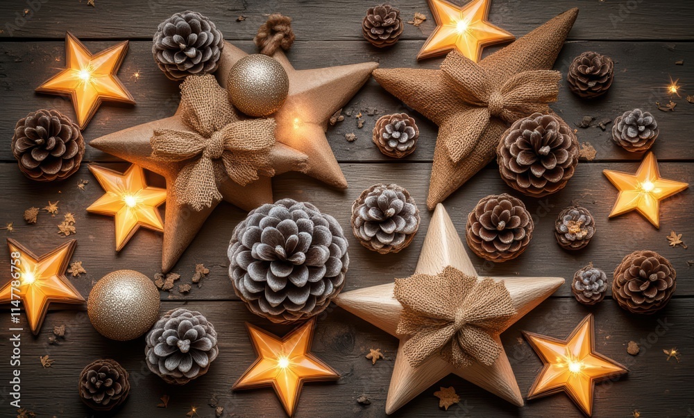 Festive holiday decorations with stars and pinecones Festive holiday decorations with stars and pinecones