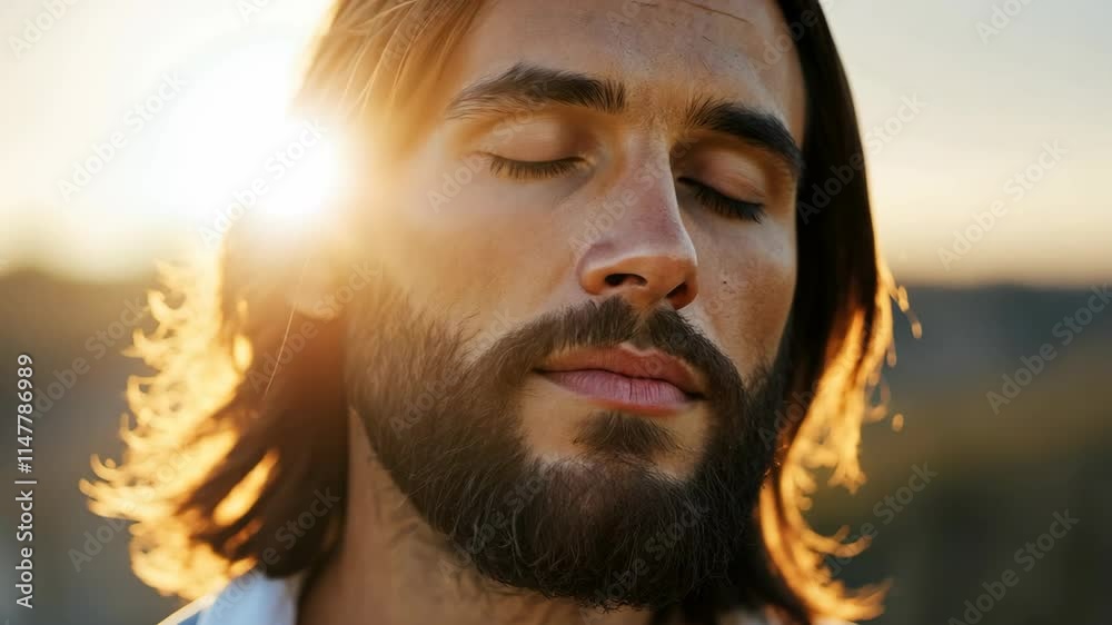 close up Jesus Christ take deep breath at nature landscape close up Jesus Christ take deep breath at nature landscape