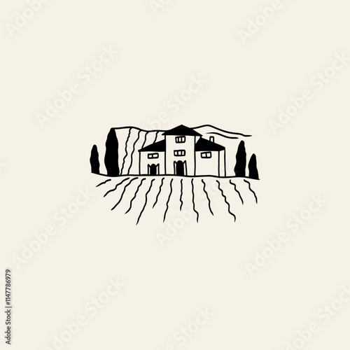 Line art doodle vineyard landscape