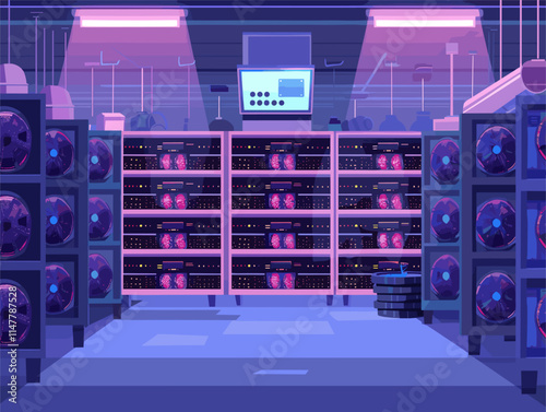 Cryptocurrency Mining Farms: Digital Currency Production Hubs in Animated Flat Style