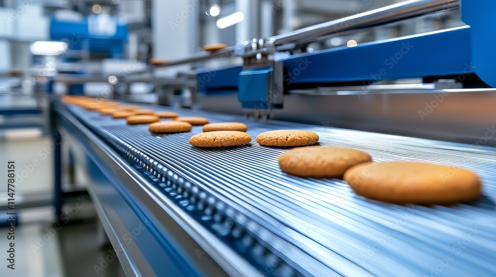 Automated bakery production line featuring sweet cookies moving on conveyor belts in a confectionery factory Automated bakery production line featuring sweet cookies moving on conveyor belts in a confectionery factory