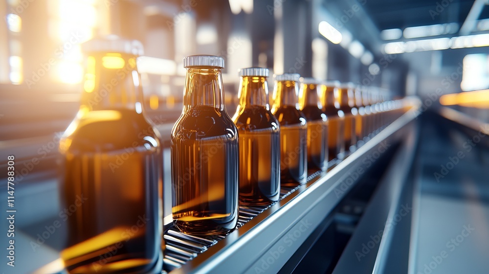 Automated brewery featuring brown glass beer bottles moving smoothly on a conveyor belt under natural sunlight Automated brewery featuring brown glass beer bottles moving smoothly on a conveyor belt under natural sunlight