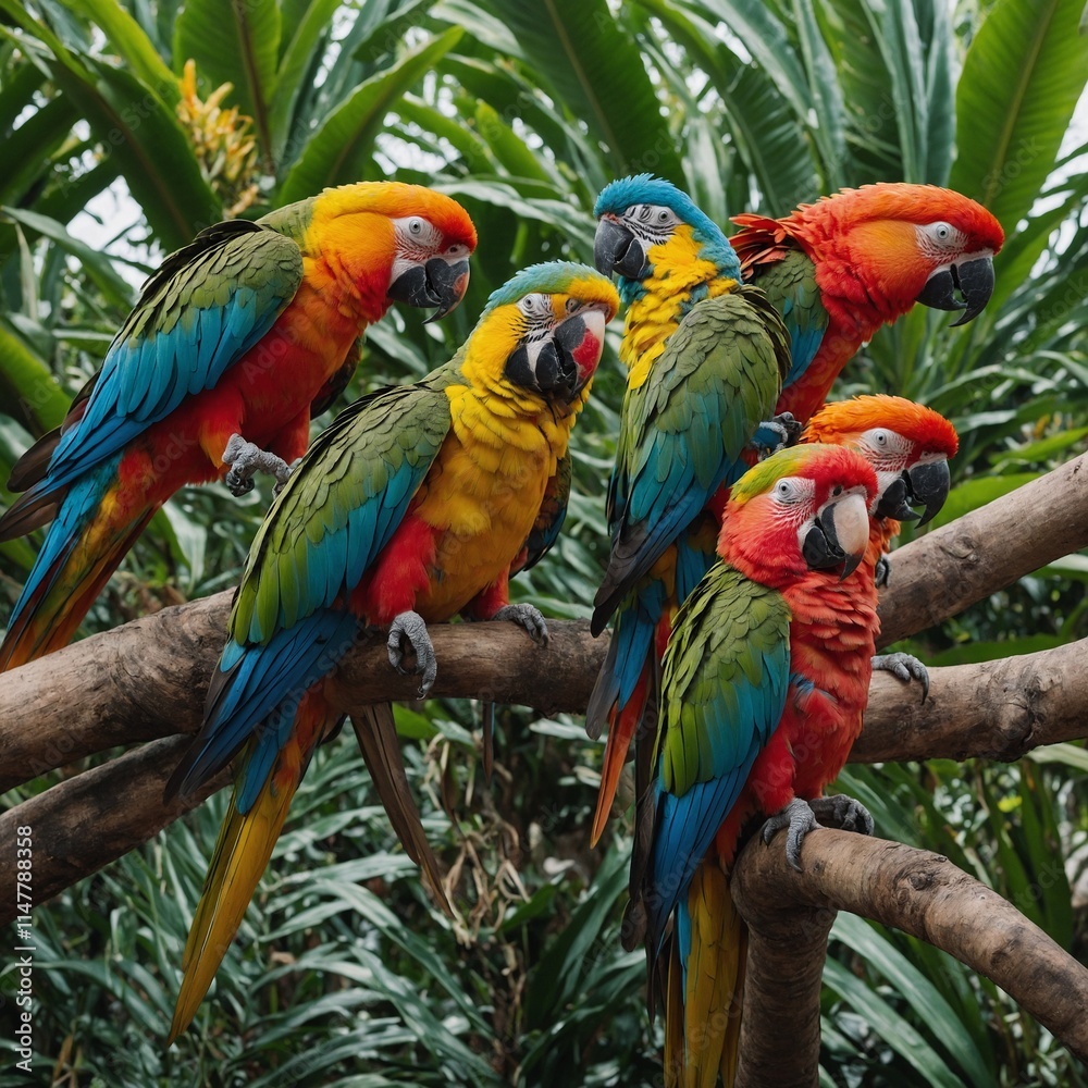 Obraz premium A group of parrots in vibrant colors perched on a tropical tree.