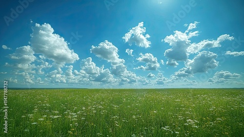 Sunny day, blue sky with fluffy clouds over green field with wildflowers.