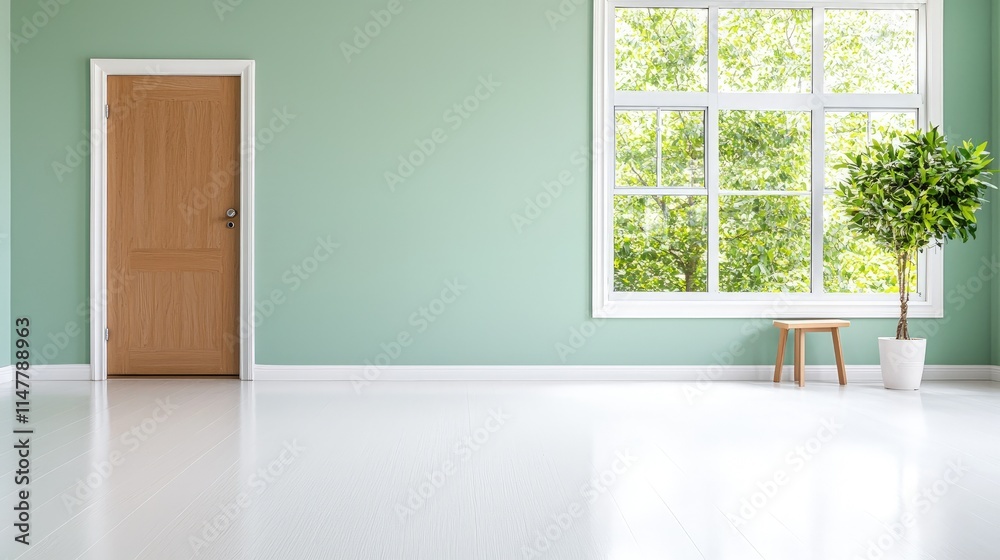 Fototapeta premium Empty room with light green walls, wooden door, large window, plant, and stool.