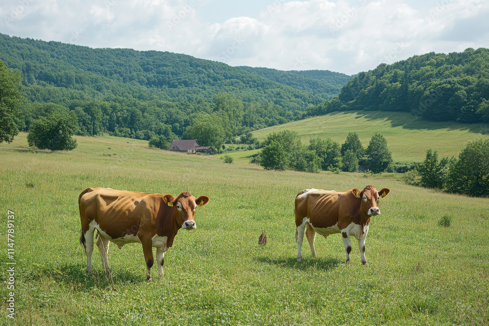 Two cows grazing in a lush green field with rolling hills in the background. Two cows grazing in a lush green field with rolling hills in the background.