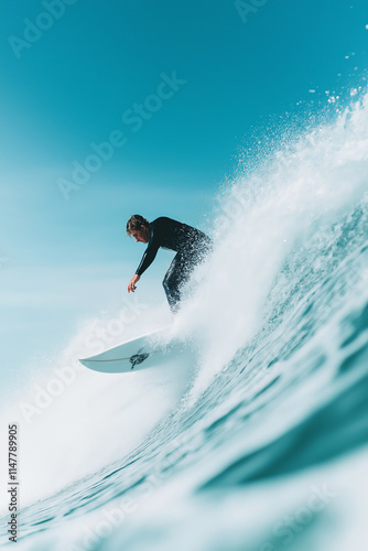 Surfer riding a powerful ocean wave under a clear blue sky, showcasing balance, control, and the thrilling energy of surfing in harmony with nature