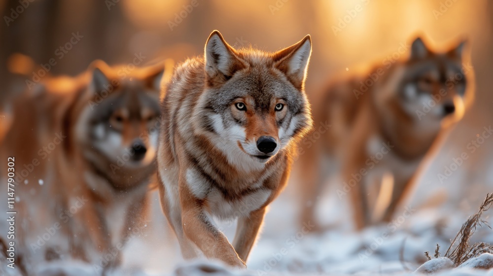 Obraz premium A pack of wolves running through a snowy forest, their sharp eyes focused, illuminated by the golden glow of sunset, showcasing their strength and unity in the wild