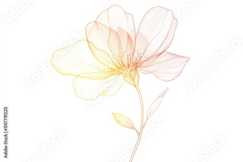 Delicate translucent flower with soft yellow and pink hues on a white background.
