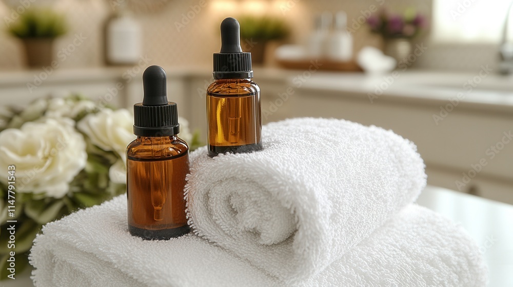 Two amber bottles on rolled white towels in a serene bathroom setting. Two amber bottles on rolled white towels in a serene bathroom setting.
