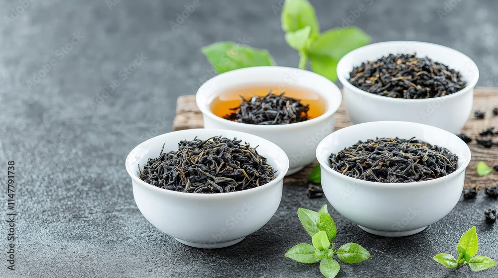 Four white bowls of black tea leaves and brewed tea. Four white bowls of black tea leaves and brewed tea.