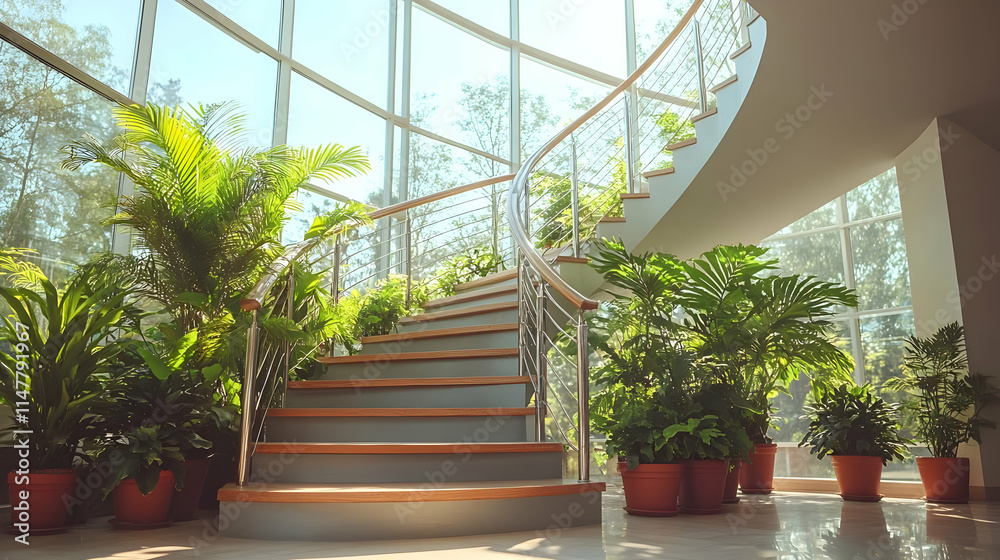 Sunlit Indoor Staircase with Lush Greenery Sunlit Indoor Staircase with Lush Greenery