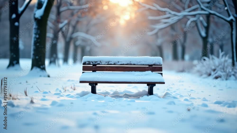 Snowy bench in a park with sun shining through trees