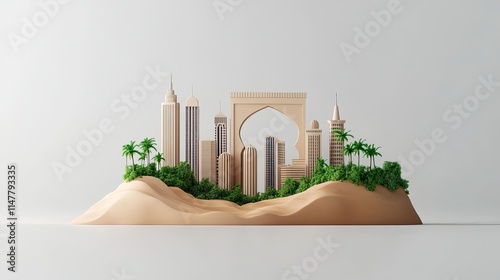 Saudi Arabia skyline with abstract nature elements including old arches and sand dunes isolated on a white background