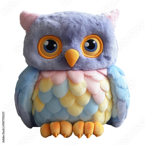 Multi-colored plush toy owl with rainbow belly, transparent PNG for product showcase photo