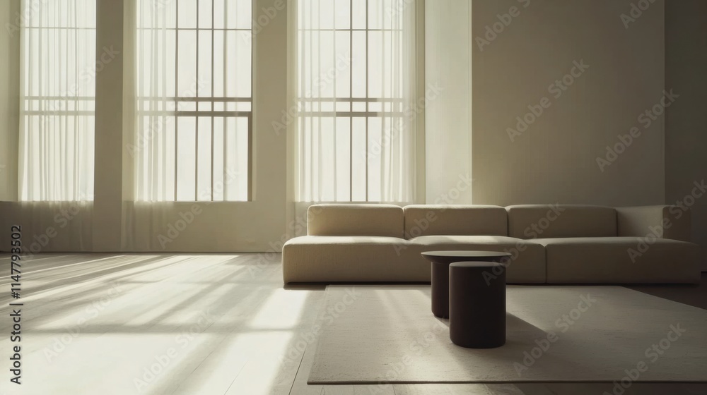 Fototapeta premium Minimalist modern living space with clean, stylish decor. Featuring sleek lines and neutral tones