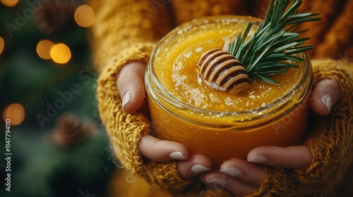 A cozy scene featuring a person holding a jar of golden honey with a sprig of rosemary.