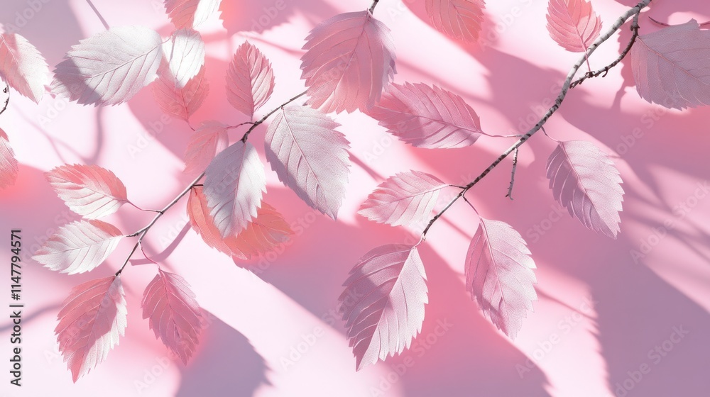 Fototapeta premium Pink leaves branch with harsh shadows.