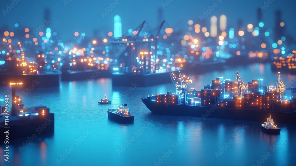 Fototapeta premium Majestic Cargo Ship Sailing Through Night Harbor