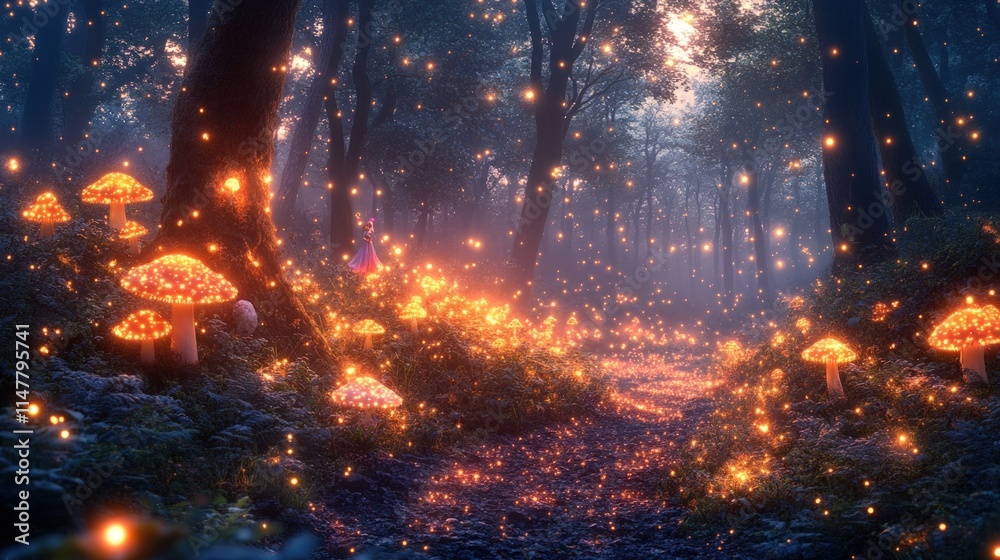 Enchanted forest path, glowing mushrooms, magical woman. Enchanted forest path, glowing mushrooms, magical woman.