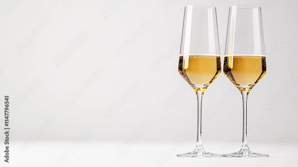Two elegant champagne glasses filled with golden sparkling wine, with glittering details on the rims, isolated on a plain white background Two elegant champagne glasses filled with golden sparkling wine, with glittering details on the rims, isolated on a plain white background